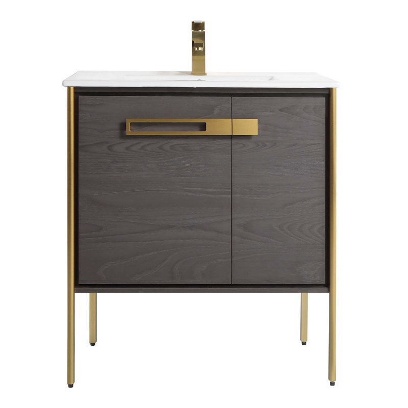 30" Single Bathroom Vanity, Black Coal Oak, Satin Brass