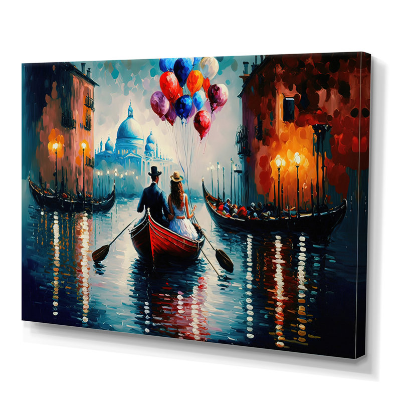 Soirée romantique sur un petit bateau III - Peinture sur toile, H 12 po x l 20 po x P 1 po, Toile tendue