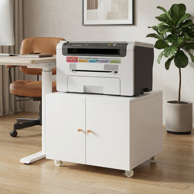 Metal Printer Cabinet with Double Doors and Locking Casters, Steel Storage with Adjustable Shelves for Office, Home, or Garage