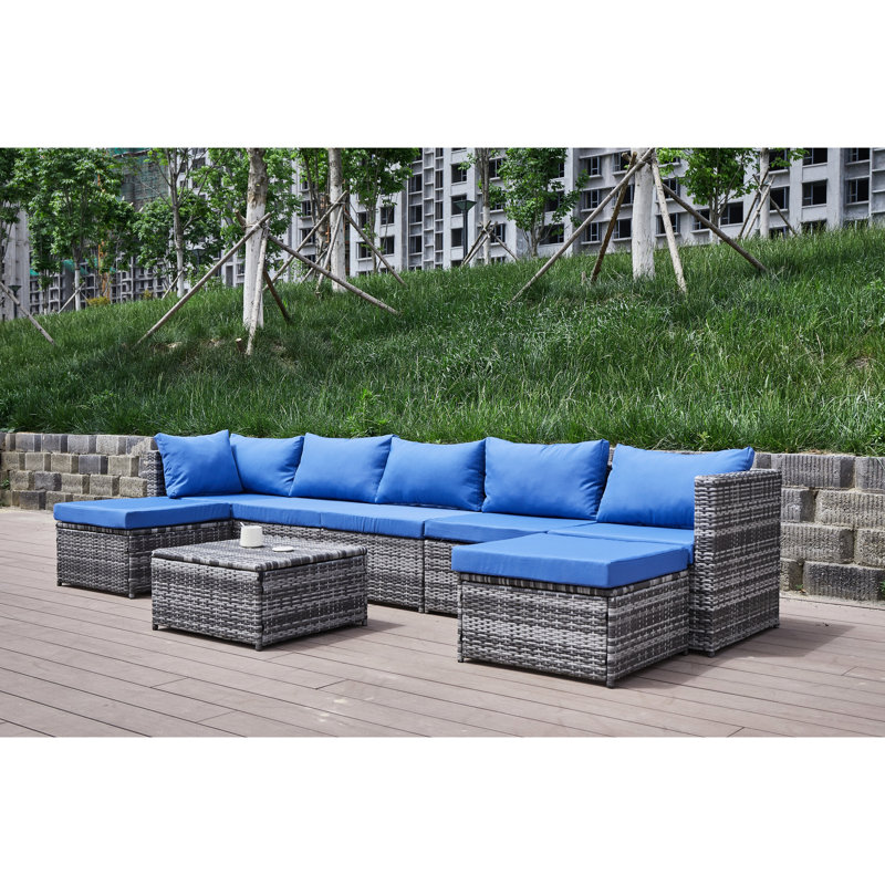 Patio With Cushions - Create A Peaceful Outdoor Corner. Powder-Coated Steel Construction. Handwoven Pe In . Water- Blue And Grey Cushion Covers. Great For Backyard, Deck, Patio, Or Porch Stylish
