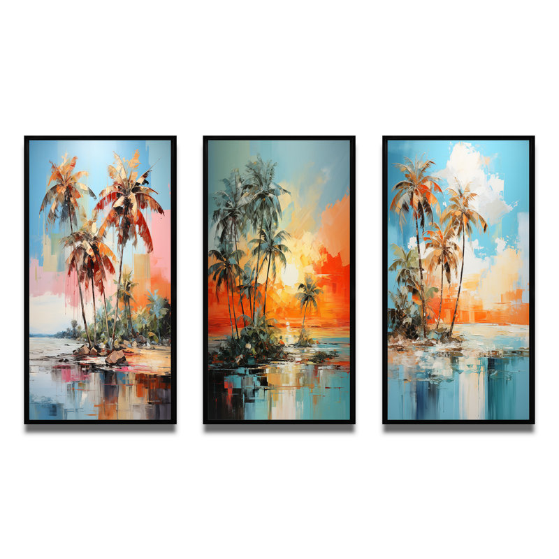«Palm Trees Tropical Minimalisme», 3 pièces sur toile, Cadre flottant noir, H 20 po x l 36 po