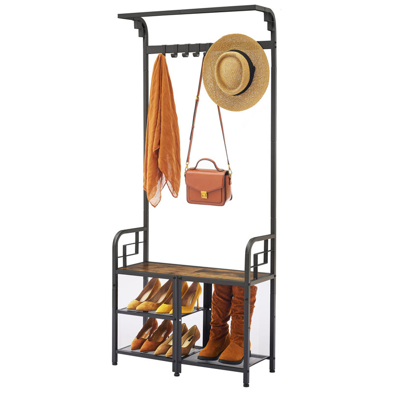 Maximize Entryway Space - Rustic Brown 3-In-1 Coat Rack With Shoe Storage, Sturdy Metal Frame