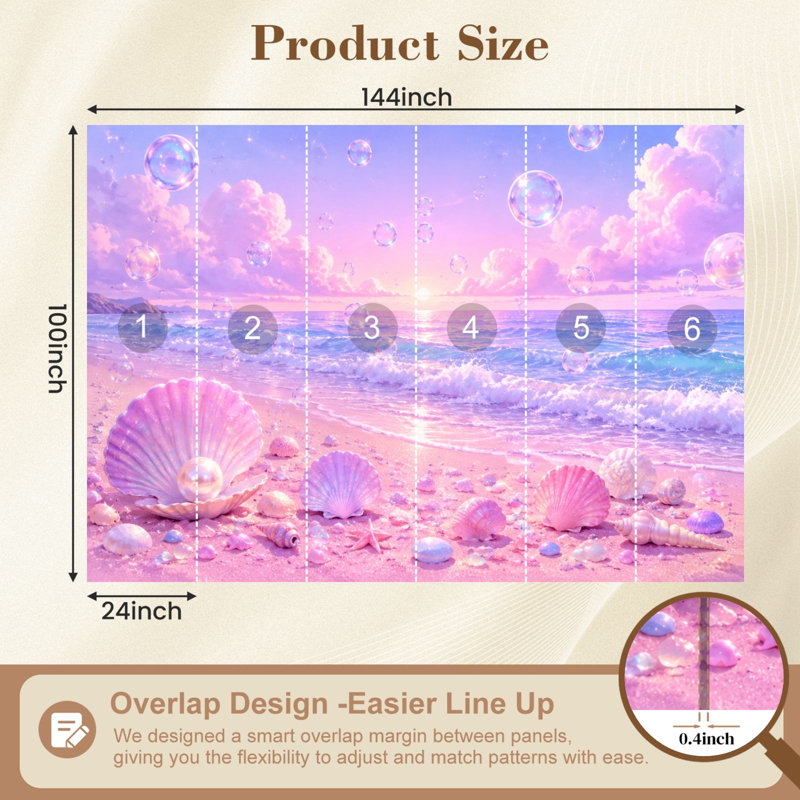 Papier peint adhésif peler et coller Pastel Pink Beach Seashells Starfish Floating Bubbles Sunset, L 100,08 po x l 144 po