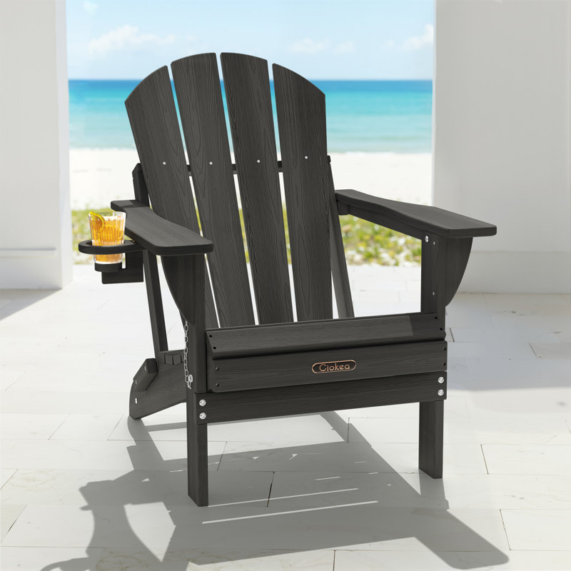Mallette Adirondack Wood Texture HDPE Foldable Chair Pit Chair with Cup Holder, Black
