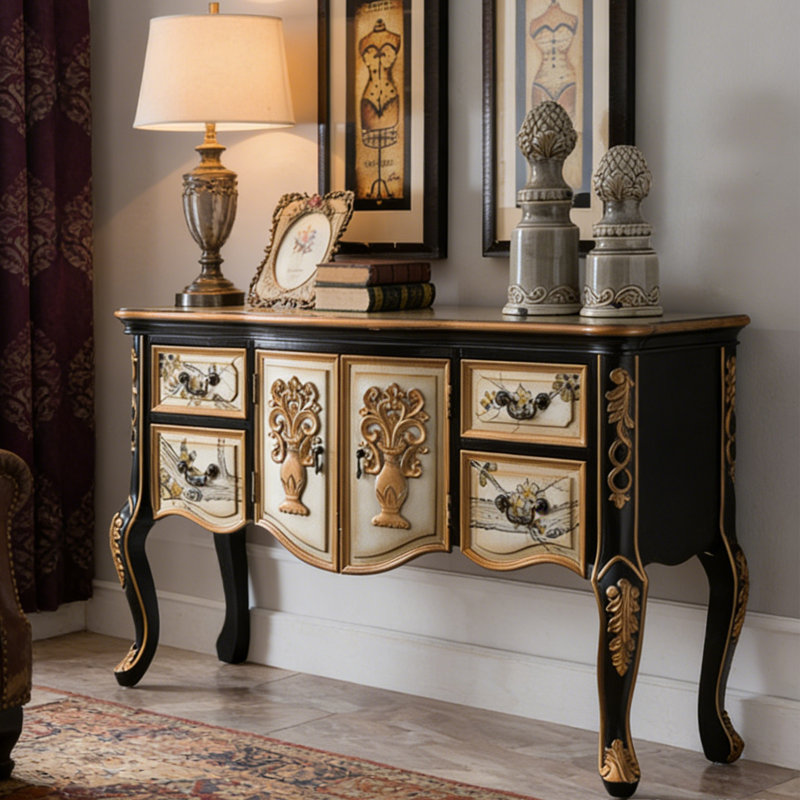 American-style multi-functional entrance cabinet, H 35,03 po x l 55,11 po x P 17,51 po, Black/Gold/Cream