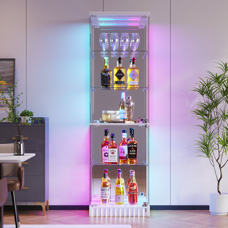 Glass Display Cabinet with Sensor RGB Lights, Wine Cabinet with Lock, White