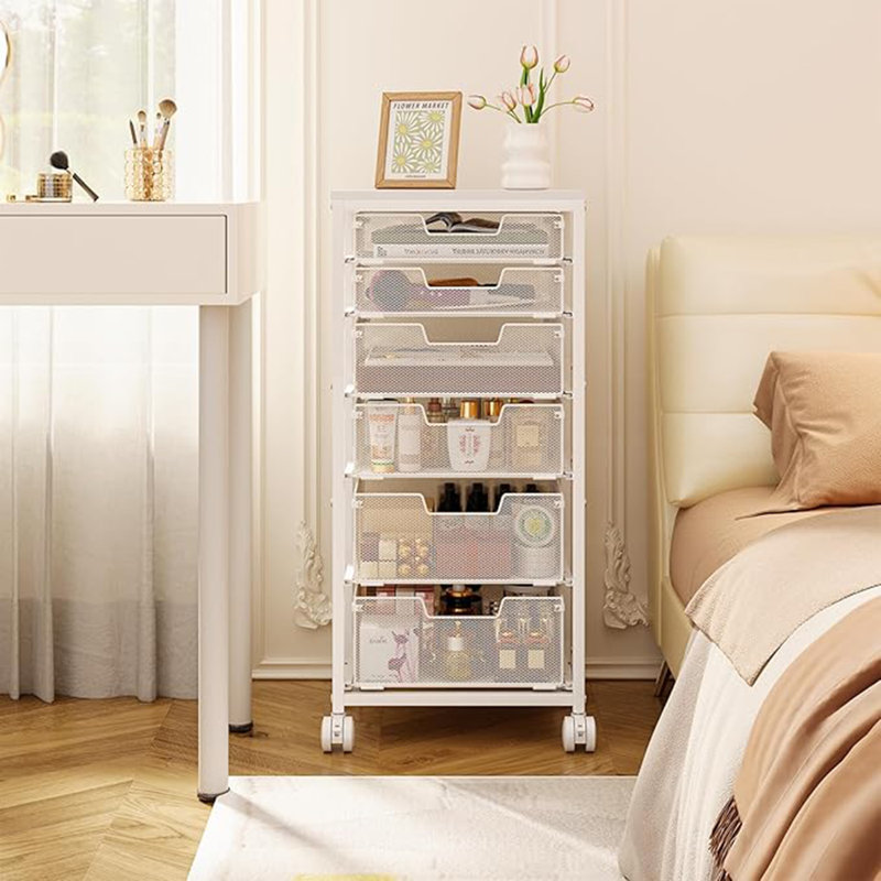Chariot utilitaire roulant 6 tiroirs, chariot de rangement roulant avec plateau en bois, chariot de rangement sur roulettes verrouillables, chariot de bricolage pour chambre à coucher, salle de classe, bureau, blanc