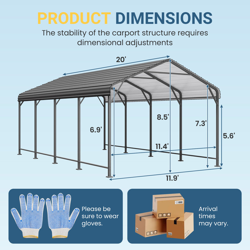 12 FT. W×20 FT. D Heavy Duty Carports with Galvanized Steel Roof, 102" H x 142.8" W x 240" D