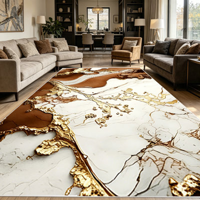 1PC Brown & Gold Fluid Marble Abstract area rugs for Living Room, Soft and Comfortable, Suitable for all seasons, easy-to-maintain, machine washable Indoor floor mat, Under Table Farmhouse suitable for dining room, bedroom, kitchen, entryway, home