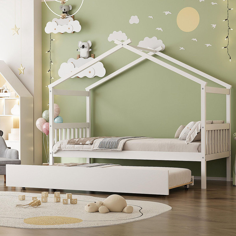 Lit simple en bois avec lit gigogne simple, Blanc