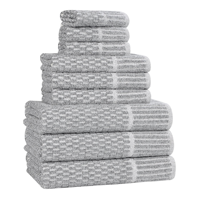 Blue Nile Mills 9-Piece Viscose Cotton Blend Towel Set - Checkered Texture - Quick-Dry, Fade-Resistant, Charcoal