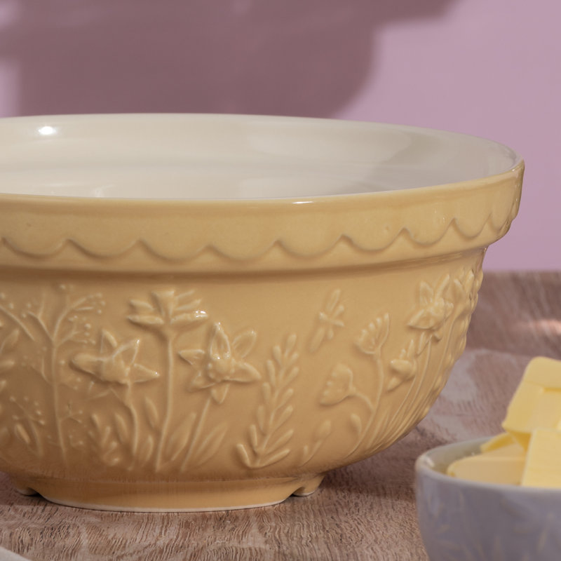 Daffodil Yellow Ceramic Mixing Bowl with Floral Embossing, 1.25 Qt