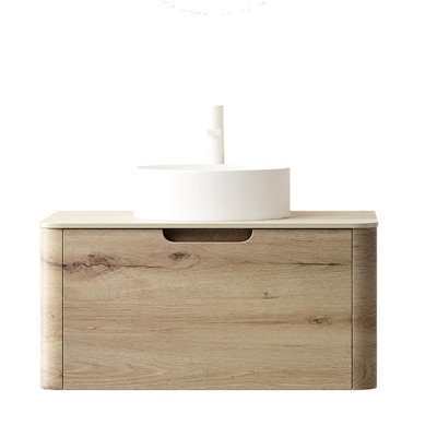 Meuble-lavabo mural de 30 po doté d'un lavabo rond en céramique blanc exquis, d'un comptoir en marbre fritté naturel, d'un meuble de rangement en contreplaqué avec tiroir à fermeture en douceur, pré-assemblé, finition chêne
