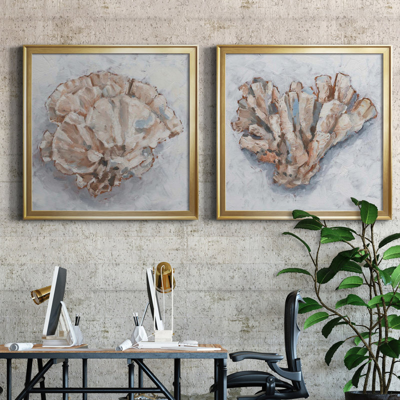 Coral Show III - ensemble de 2 peintures encadrées, H 34,5 po x l 69 po x P 1,5 po, Toile encadrée dorée, Pas de tapis