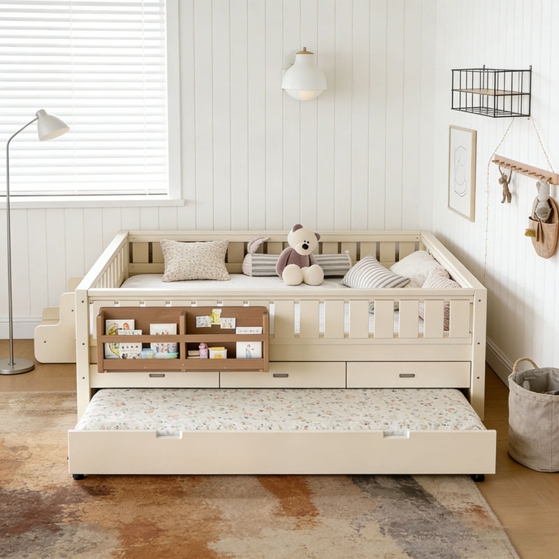Bed with Built-in Bookshelves and Small Staircase, Grand lit, Beige
