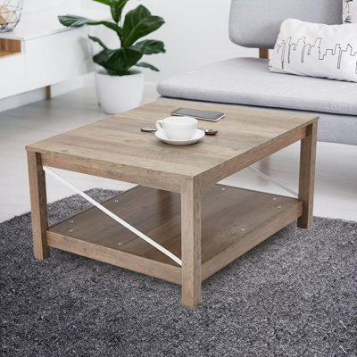 31.5 Inch Square Coffee Table With Bottom Storage Shelf, Modern Farmhouse Style Living Room Office Accent Table Furniture, Beige