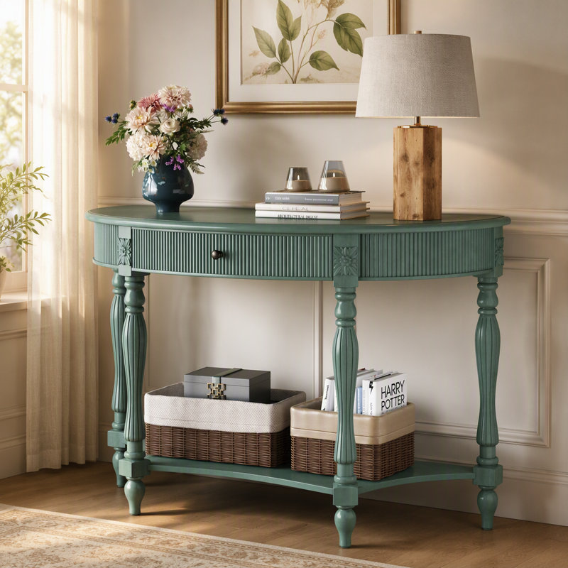 Console en bois avec tiroir et tablette, idéale pour une entrée., Vert antique, Vert antique, Vert antique