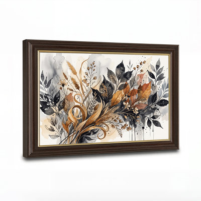 Tableau sur toile aquarelle représentant des feuilles et du blé en noir et or