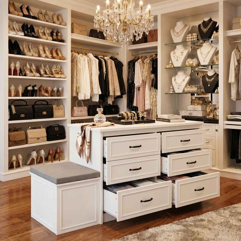 61.9" Wide Double-Sided 12 Drawer Dresser with Storage Bench, Bedroom Closet Island Organizer for Walk-In Closet and Bedroom Storage