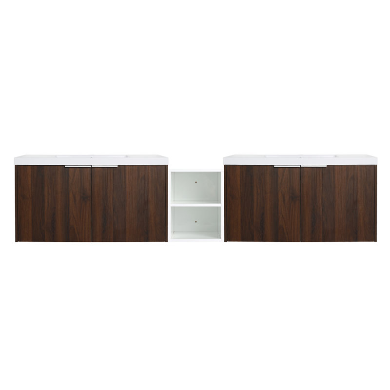 84" Wall-Mounted Double Bathroom Vanity Set, Brown