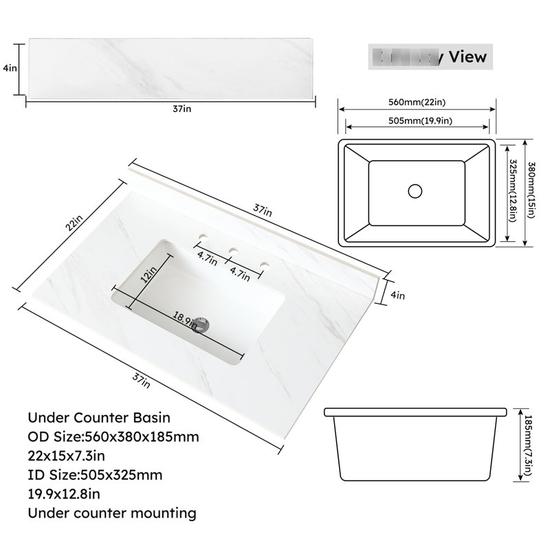 Surface de meuble-lavabo de 37 po pour salle de bain - Pierre frittée blanche, lavabo rectangulaire, dosseret de 4 po, trous de robinet pré-percés, surface pratique en pierre de 37 po avec ajout central élégant