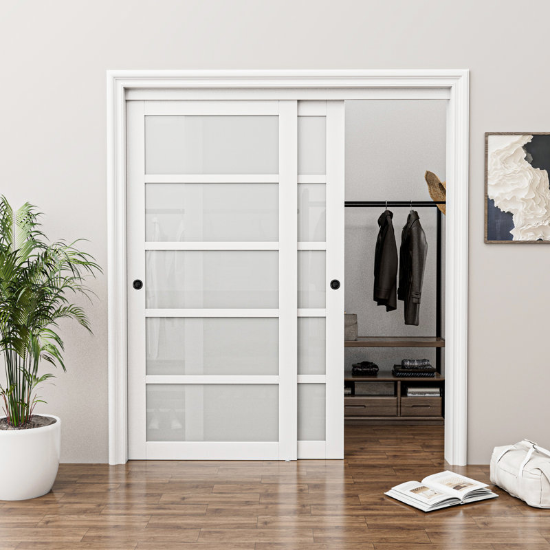72 in. x 80 in. White MDF Sliding Door with Frosted Glass Panels