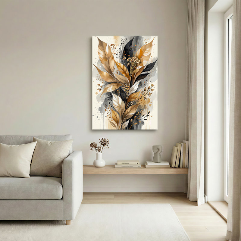 Tableau sur toile avec feuilles dorées et noires et fleurs sur fond gris, 48"H x 36"W