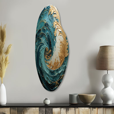 Gold Teal Ocean Spiral V - Abstract Spirals Asymmetrical Metal Wall Art, Gold Curved Metal Art Print
