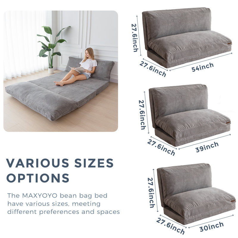 Holly-Madison Bean Bag Floor Sofa Bed, Gray Corduroy, 4.7" H x 54" W x 95" D
