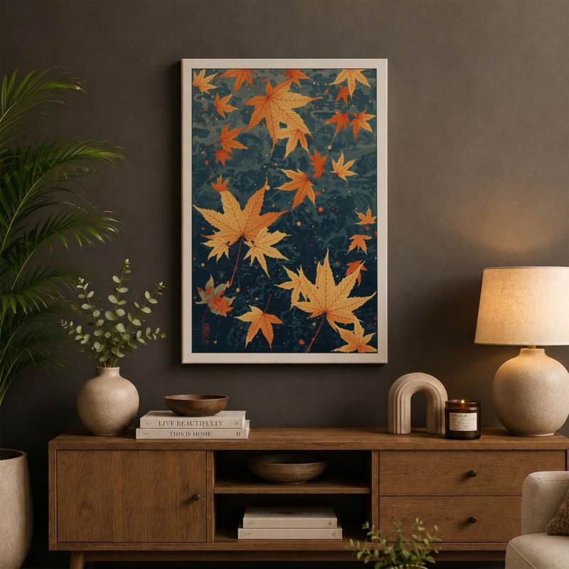 Autumn Leaves Adrift Modern - Wrapped Canvas, Ochre Border, 24x16 - 61.0 x 40.6 cm