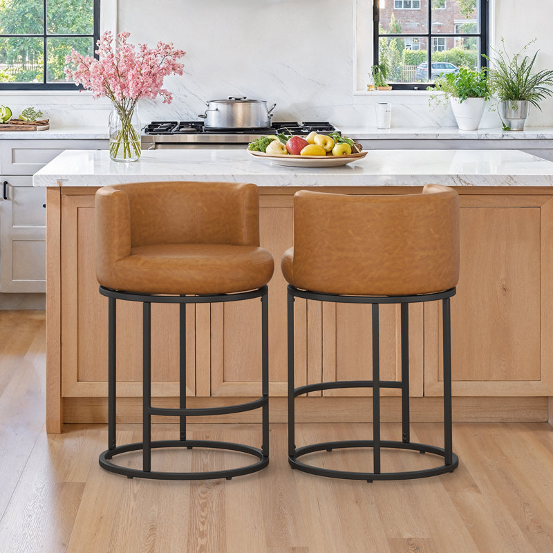 Finley 26" Swivel Counter Stool With Cylindrical Metal Frame, Whiskey Brown