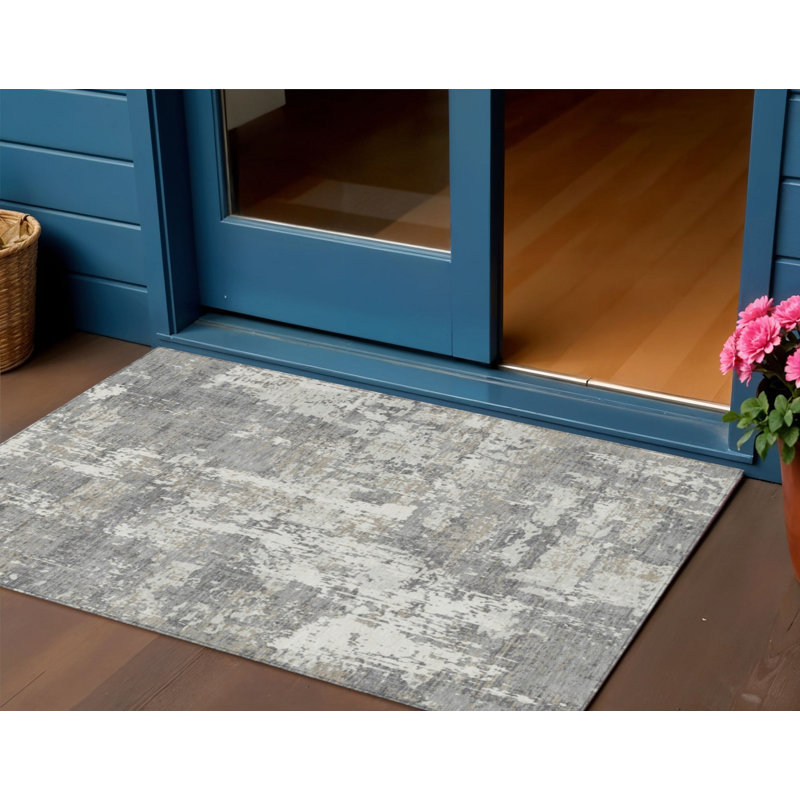 3' X 5' Gray And Ivory Abstract Washable Indoor Outdoor Area Rug