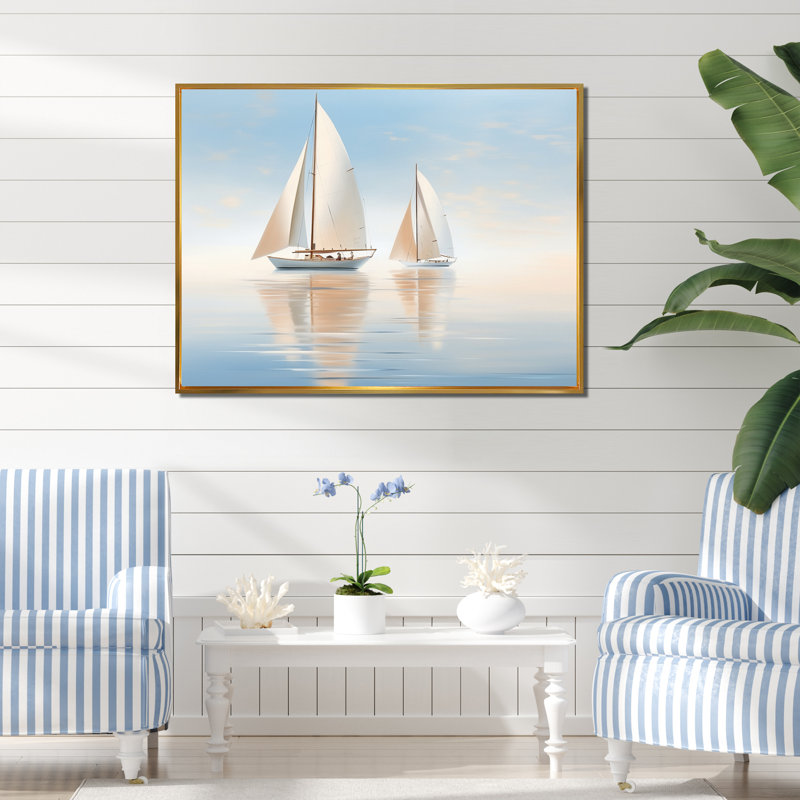 Erandekar " Sailboat Harmonious Tides I ", Gold Floater Framed, 24" H x 32" W x 1" D