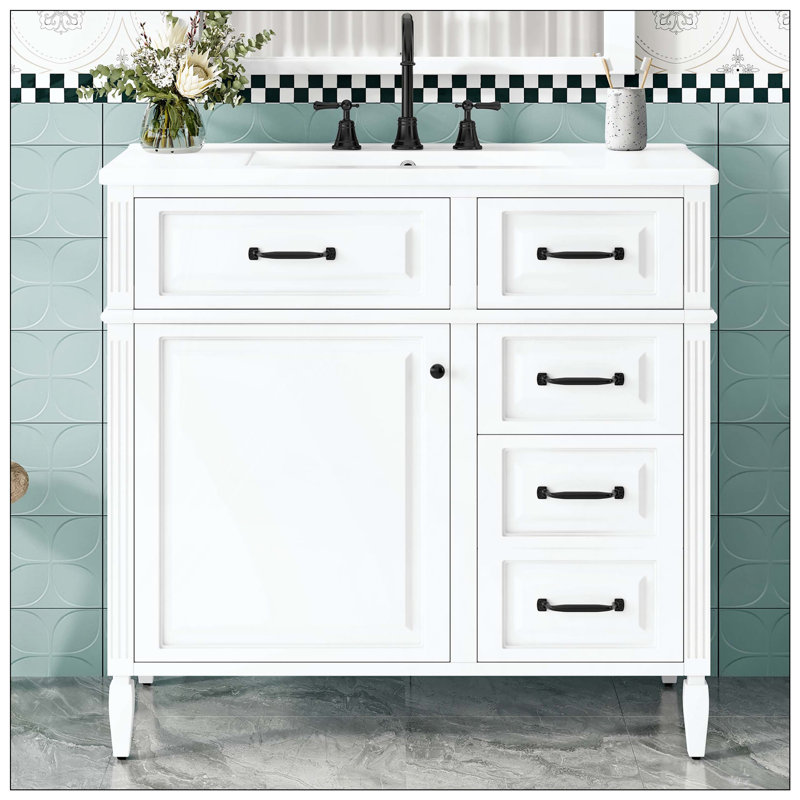 Meuble-lavabo autoportant avec lavabo en céramique et poignées de tablette réglables, White