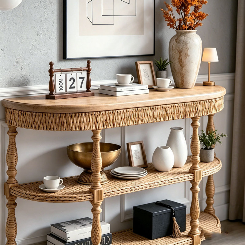 Console en bois fabriquée à la main avec garniture tissée à la main, tablettes de rangement à 3 niveaux
