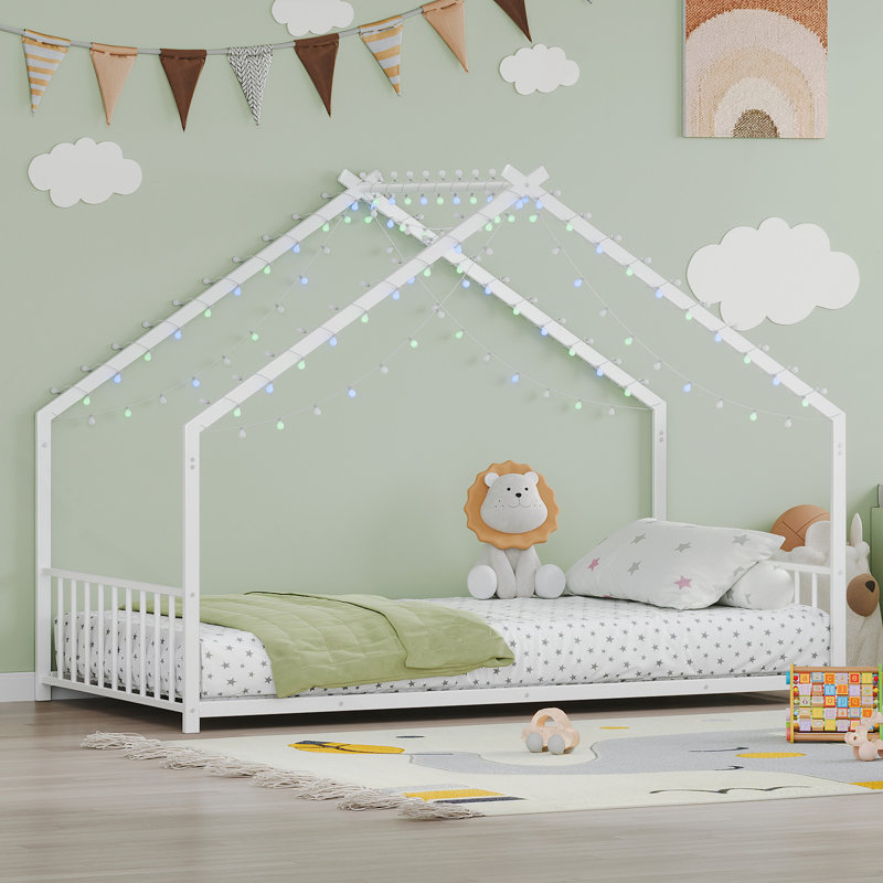 Cadre de lit simple pour enfant avec bandes lumineuses à DEL, cadre de lit en fer en forme de toit, blanc, Blanc