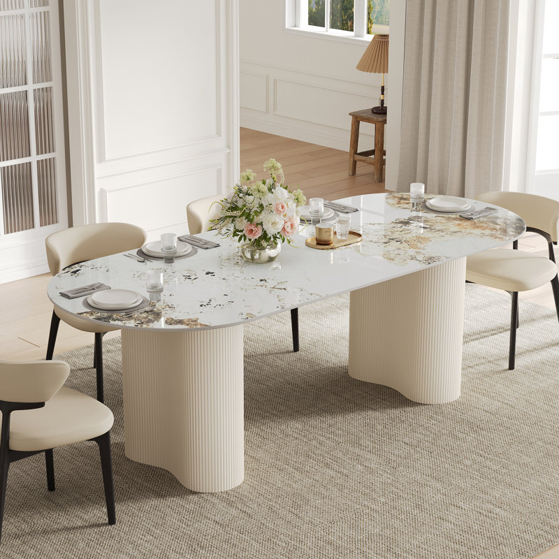 Table de salle à manger moderne 71 "ovale en faux marbre 4-6 personnes, double colonne romaine, pieds blancs, table de cuisine minimaliste moderne pour salle à manger