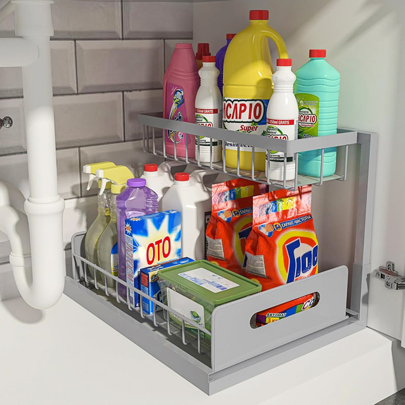 1 Pack 2 Tier Pull Out Under Sink Organizer, Gray