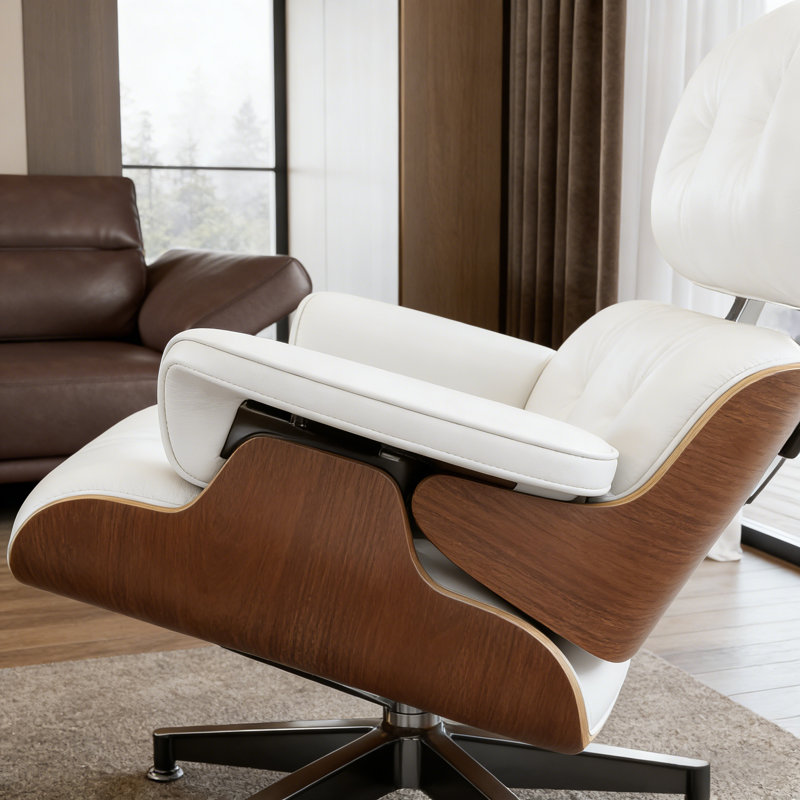 Mid Century Genuine Leather Lounge Chair With Ottoman, Solid Wood Frame, Strong Aluminum Legs, Memory Foam, White/Dark Walnut