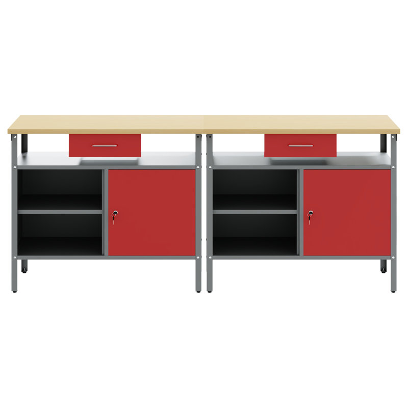 Work Bench Set Height Adjustable with Shelf Powder-Coated Steel, Red
