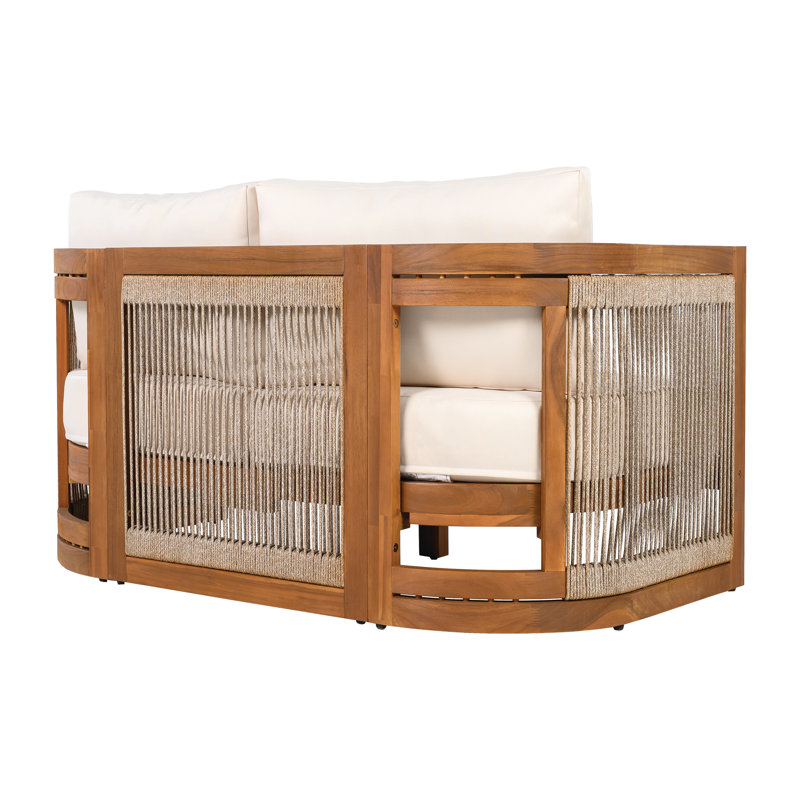 Ensemble de conversation d'extérieur en bois d'acacia pour 6 personnes avec corde tissée et coussins hydrofuges Aldo, Beige