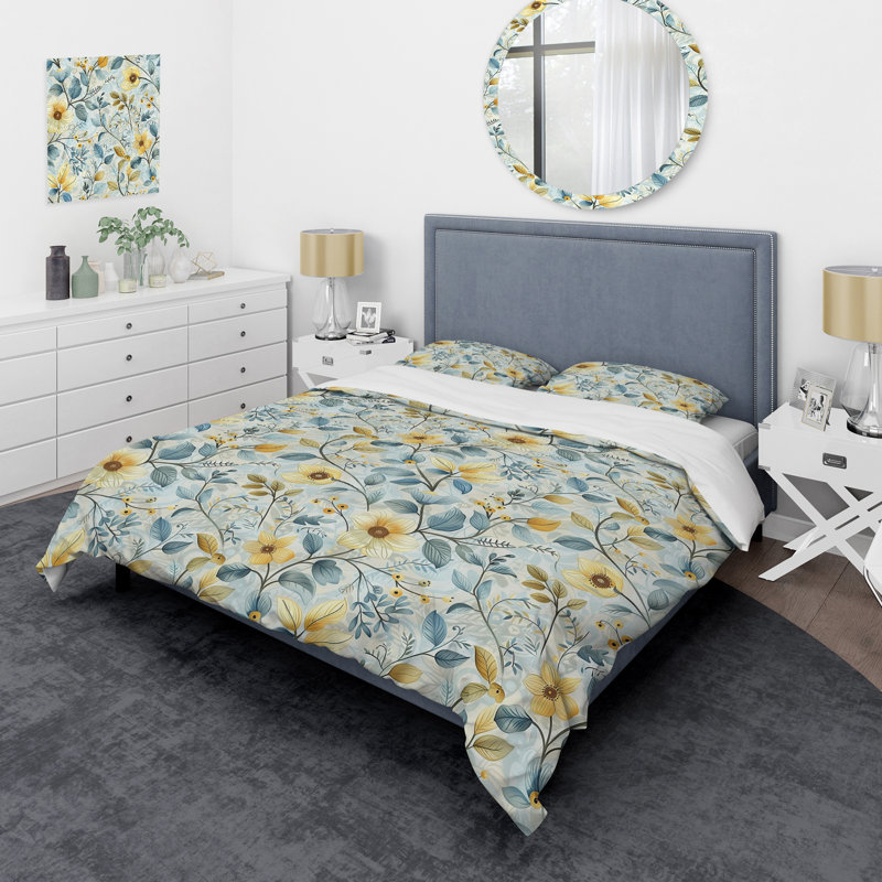 Ensemble de housse de couette transitionnel Blue Gold Floral Gardens II, Housse de couette simple et deux taies décorative