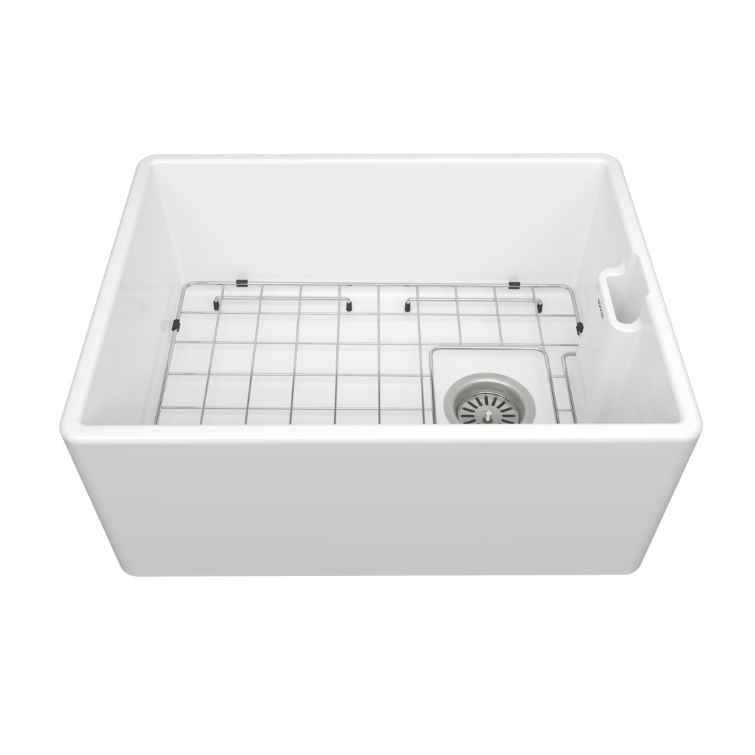 Belfast T60 1.0Bowl Ceramic Kitchen Sink, G White w Waste, Bottom Grid- 60mm Waste