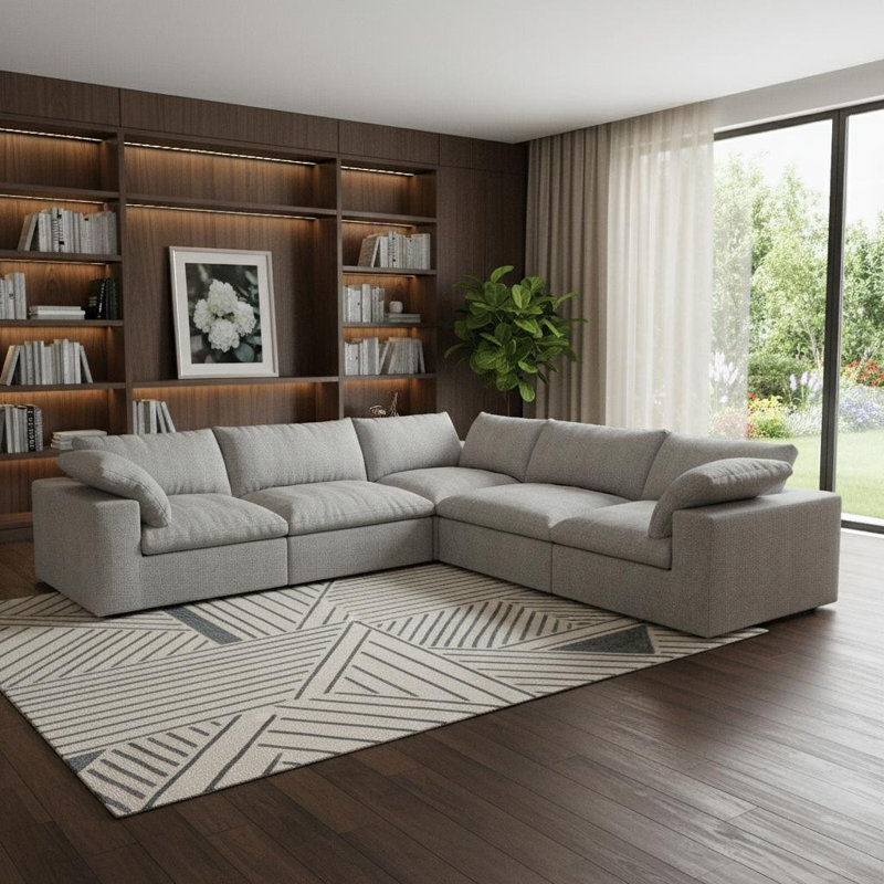 Canapé modulaire en L cinq pièces en mélange de lin gris clair