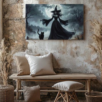 Toile, art mural, sorcière gothique dans un champ brumeux, femme mystérieuse et chat noir