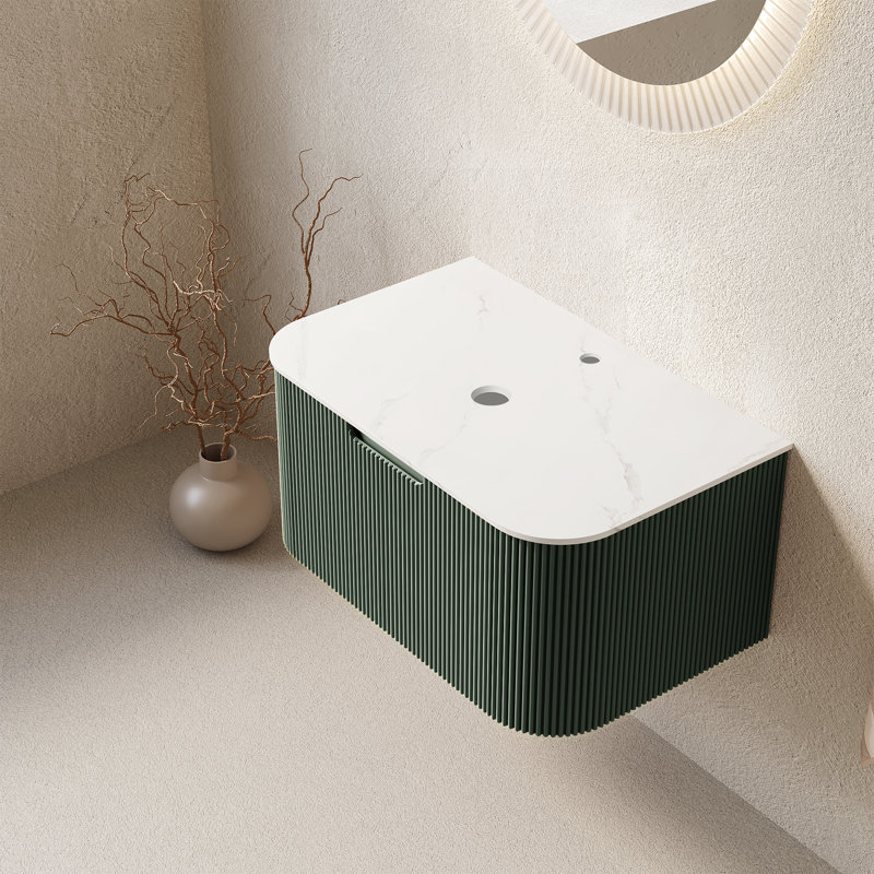 Armoire murale en contreplaqué Dina de 30 po avec comptoir en pierre frittée blanc de Carrare, un tiroir, sans lavabo, sans robinet ni drain, couleur vert foncé