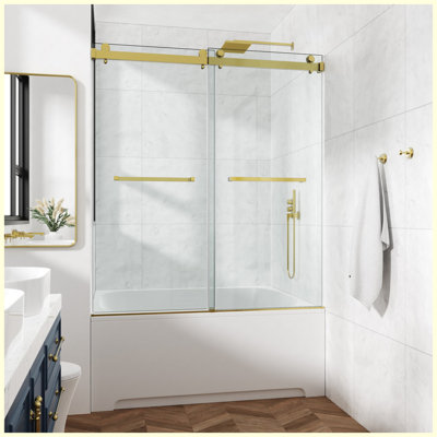 Porte de douche coulissante double sans cadre 66 x 76 po, porte de douche double, verre trempé de 3/8 po (10 mm), acier inoxydable, or brossé