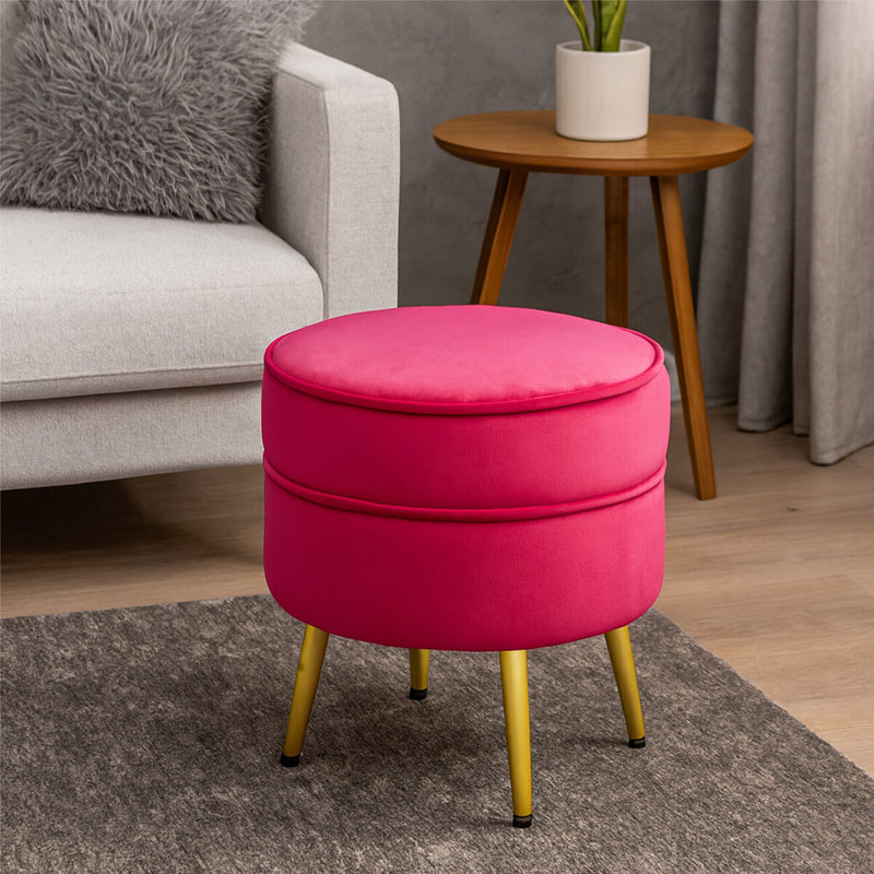 Willsboro 40cm Wide Velvet Round Solid Colour Footstool Ottoman, Bright Pink
