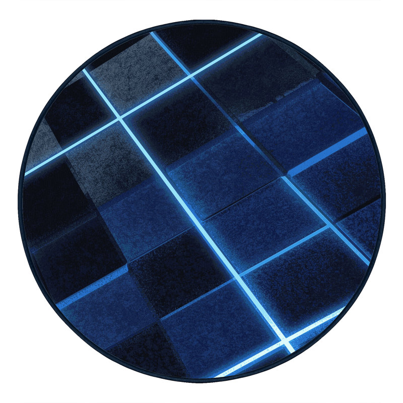 Machine Washable Pahola Retro Checkered Rug in Blue – Navy Binding, 4' Round