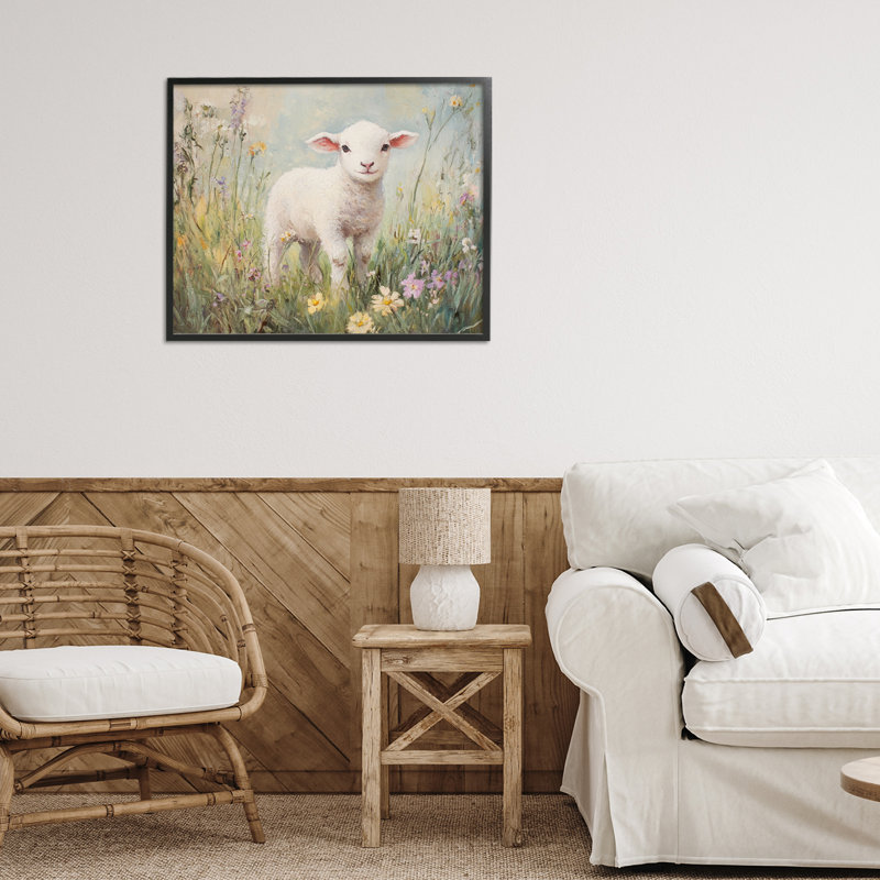 «White Lamb in Soft Flowers», estampe numérique, design par Petal Prints Design, Giclée encadrée noir minuit